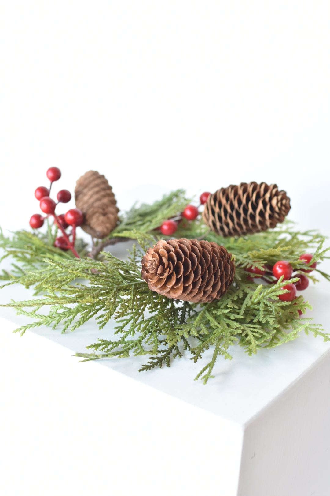 11" Faux Cedar Candle Ring With Pinecones/Berries (Fits up to a 3" Pillar Candle) CR2