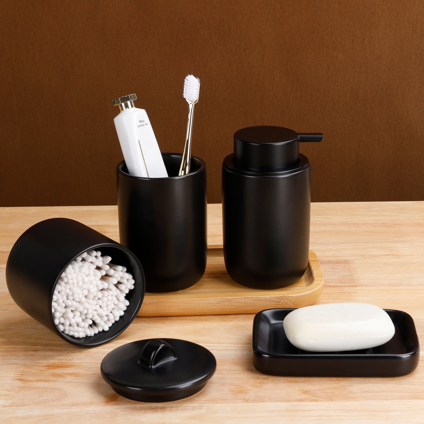 BosilunLife Matte Black 4-Piece Foaming Bathroom Set Recycled Ceramic Eco-Clay