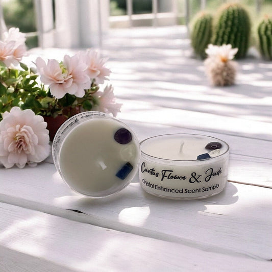 Cactus Flower and Jade, Premium Coconut-Soy Wax Tea Light Crystal Candle, 1oz