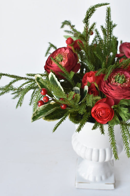 Red Ranunculus/Holly/Norfolk Pine Drop In X01