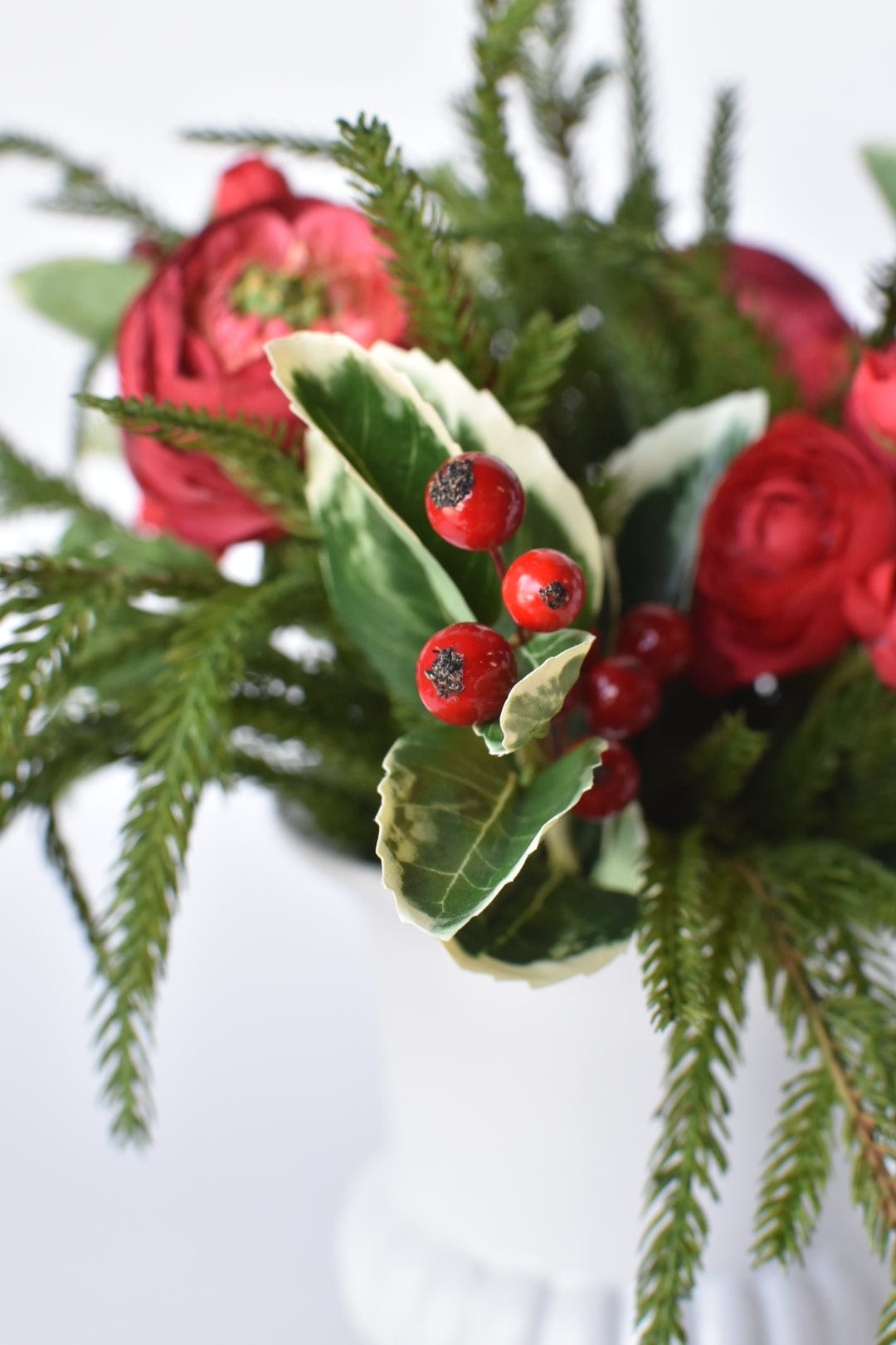 Red Ranunculus/Holly/Norfolk Pine Drop In X01