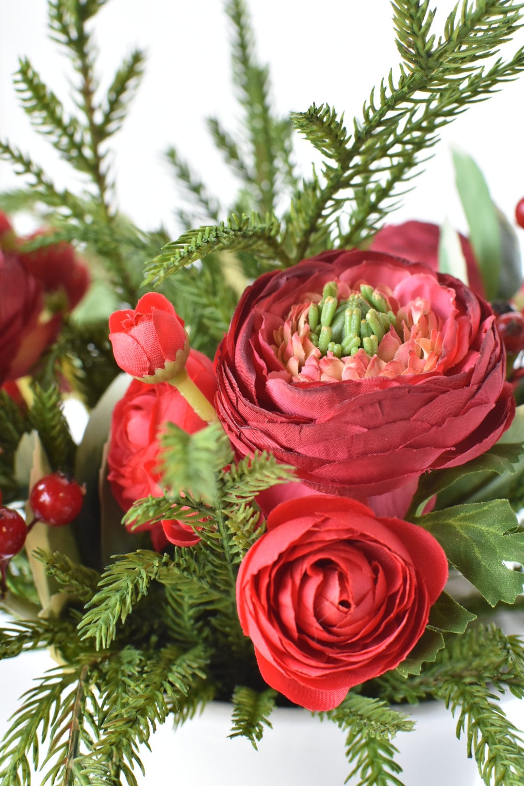 Red Ranunculus/Holly/Norfolk Pine Drop In X01